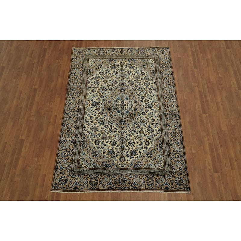 Hand Knotted Oriental 100% Wool Carpet Traditional Floral Beige & Ivories Kashan Area Rug - 9' 3'' X 6' 2''