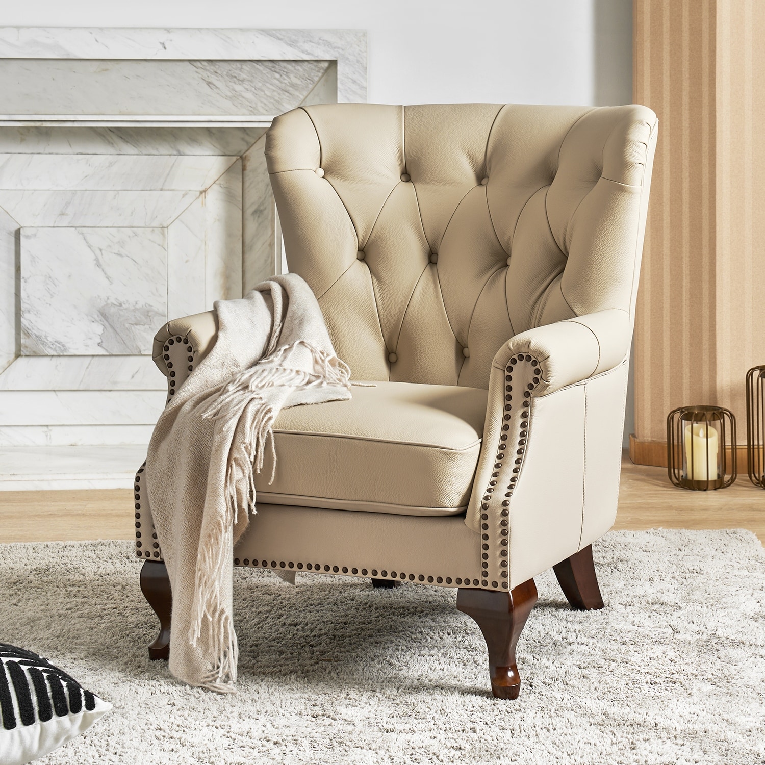 HULALA HOME Gerhard Genuine Leather Waterproof Armchair with Solid Wood Legs and Removable Cushion