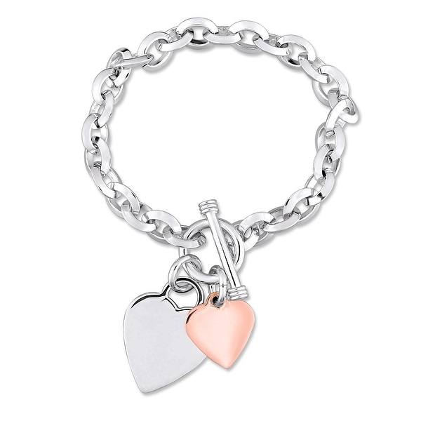 Miadora 2-Tone White and Rose Plated Sterling Silver Double Heart Charm Bracelet. Opens flyout.