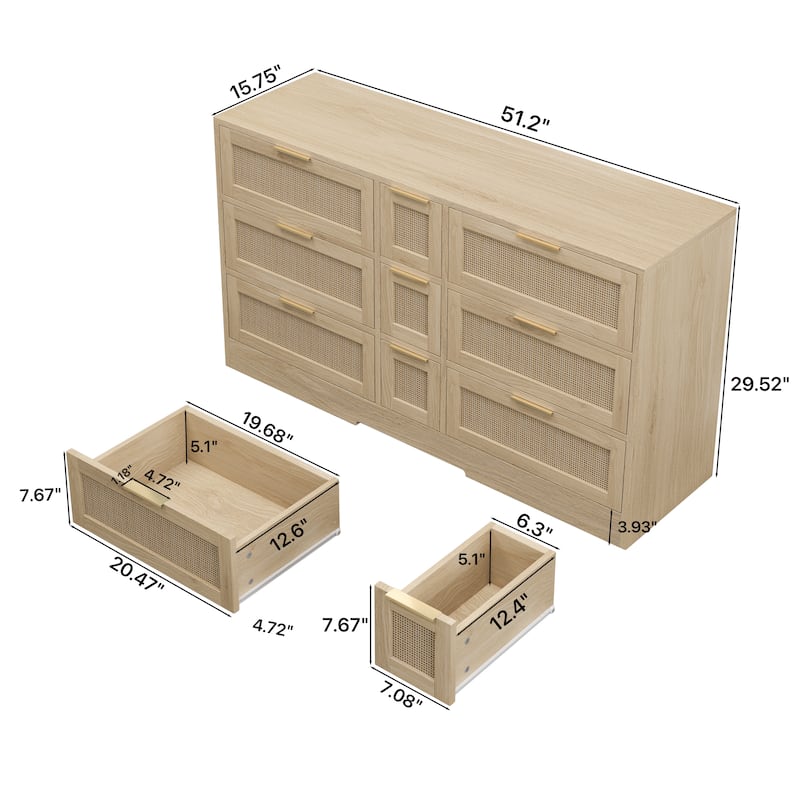 Rattan Storage Cabinet with 9 Drawers, Accent Cabinet with Smooth Sliding Tracks, Kitchen Buffet Sideboard