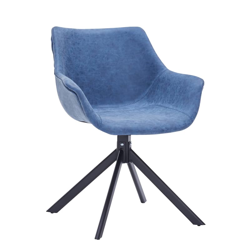 Markley Modern Swivel Dining Chair with Distressed Leather Upholstery, Ergonomic Back, and Black Metal Legs for Home or Office - Light Blue