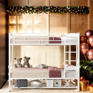 Twin Over Twin Metal Bunk Bed with Shelf and Guardrails, Separate Into 2 Twin Beds