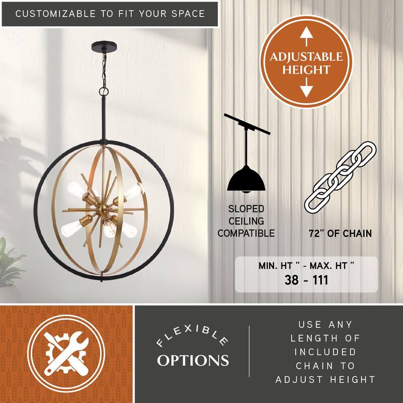 Estelle 26.75-in Brass and Black Mid Century Modern 6 Light Globe Sputnik Hanging Ceiling Pendant Chandelier