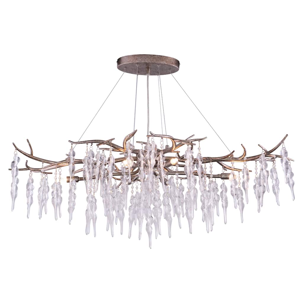 Rainier 6L Silver Linear Crystal Waterfall Linear Chandelier Island Pendant Light Fixture - 40-in W x 19-in H x 24-in D