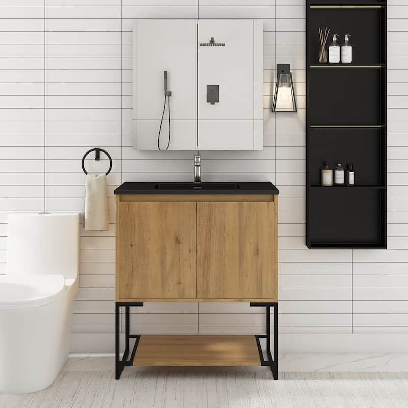 Freestanding Bathroom Vanity Set in Oak with Integrated Solid Surface Sink