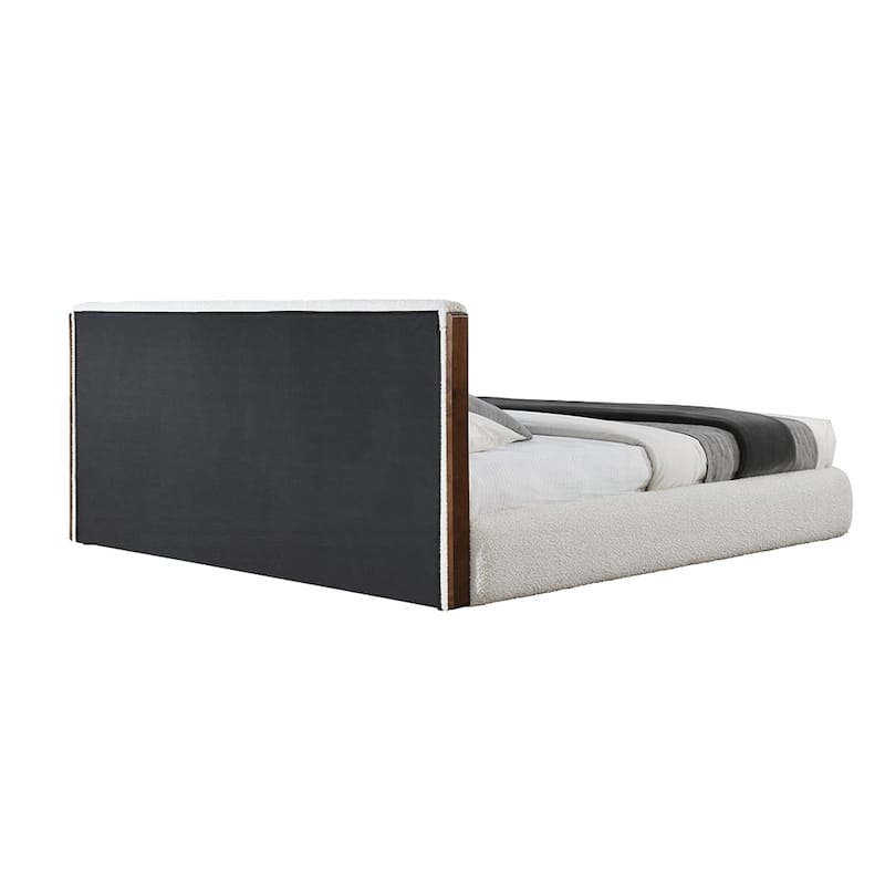 Boucle Upholstered Eastern King Bed in White and Walnut