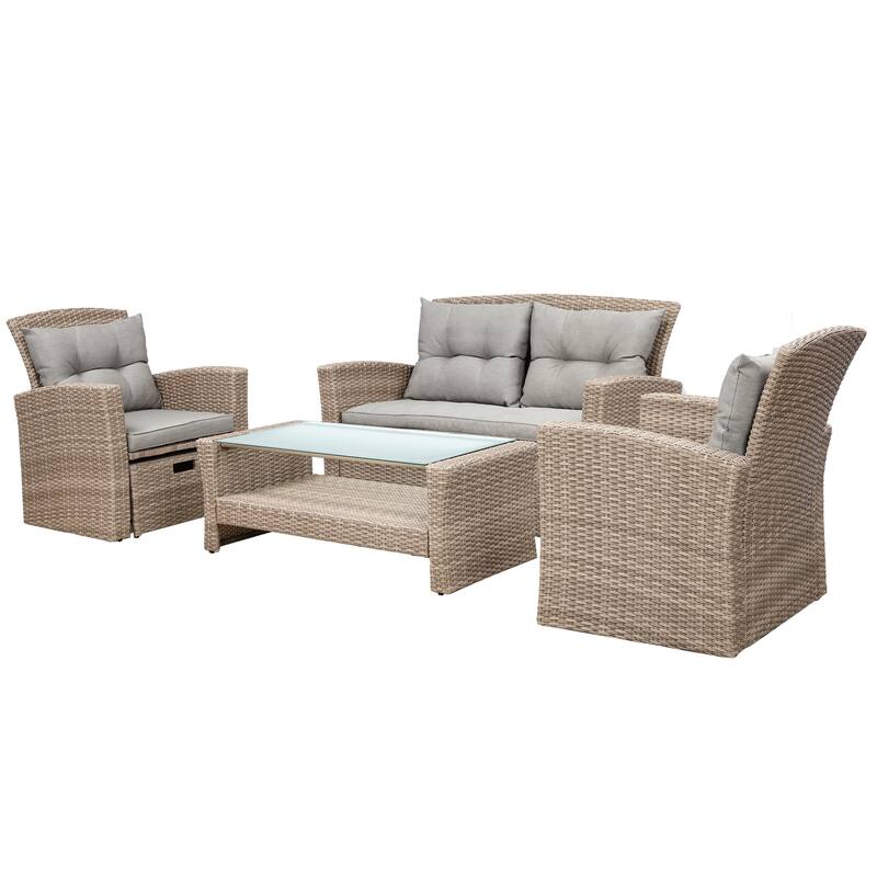 6-Piece Outdoor Patio Rattan Conversation Sofa Set with Tempered Glass Coffee Table and Ottoman