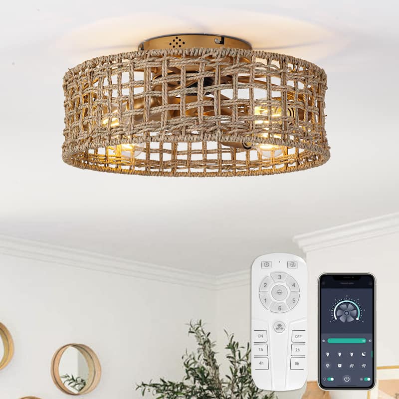 17.7" Natural Corn Straw Rope Gold Fandelier Flush Mount Ceiling Fan with Remote and App