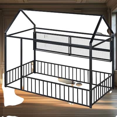 Twin Size Metal House Bed Frame with Playful Design, Fence, and Four Convenient Storage Shelves for Kids' Rooms
