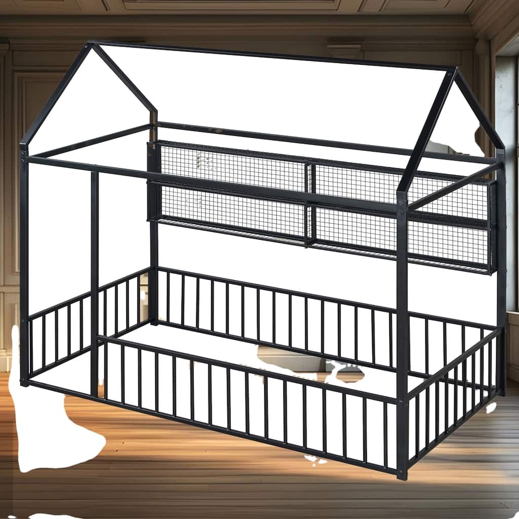 Twin Size Metal House Bed Frame with Playful Design, Fence, and Four Convenient Storage Shelves for Kids' Rooms