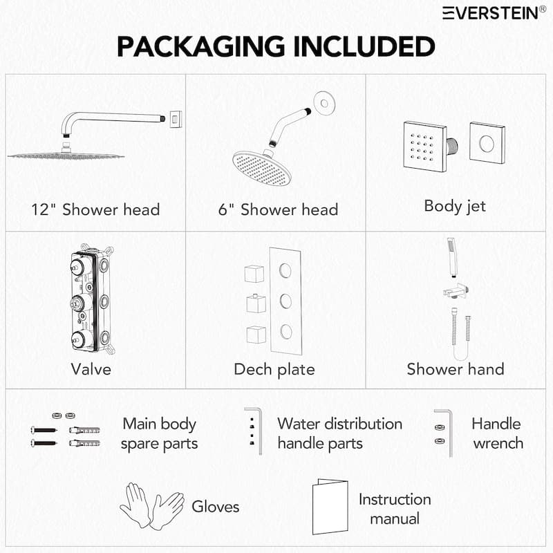 Thermostatic Dual Shower System 12" and 6" Rainfall Shower Head with 6 Body Jets & Handheld Shower