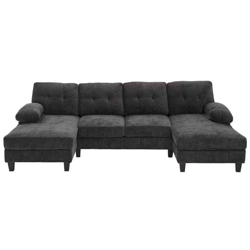 U-shaped Sectional Sofa, Chenille Fabric, Dual Chaise Lounges, Storage Pockets, Armrest Pillows, Black
