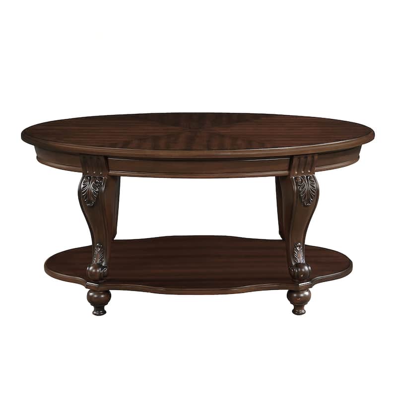 42'' oval wood coffee table for Living Room, 2-Tier Solid Wood Cocktail Table with Open Storage Shelf - Cherry