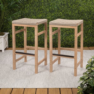 Armand Backless Acacia Wood Outdoor Stool with Woven Rope Seat, (Set of 2)