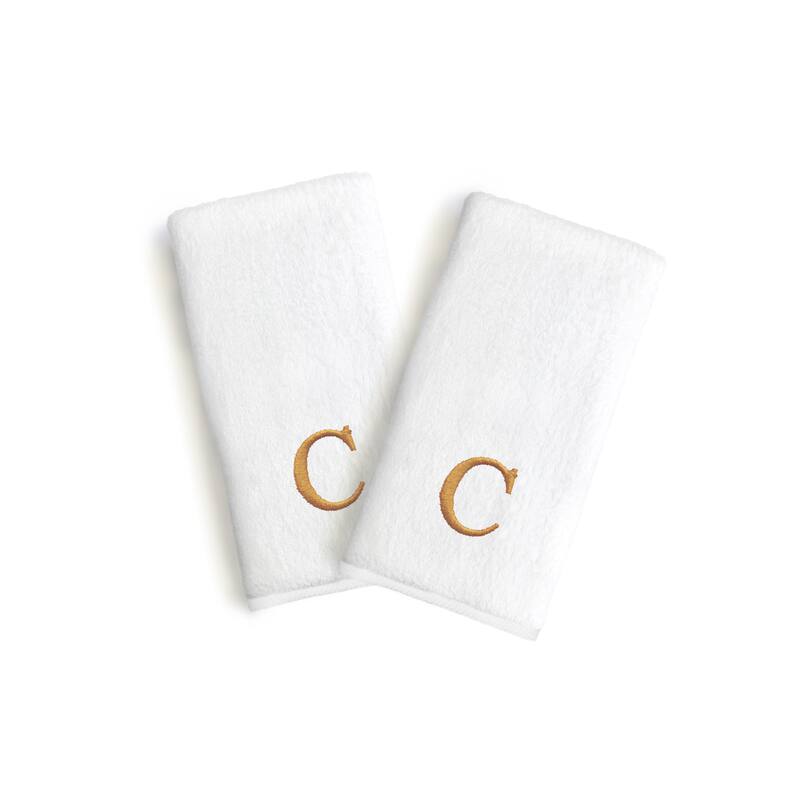 Authentic Hotel and Spa 2-piece White Turkish Cotton Hand Towels with Gold Block Monogrammed Initial - White/C
