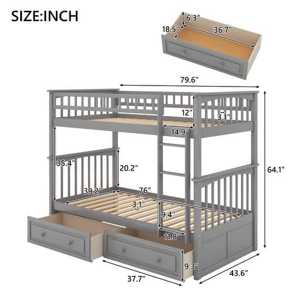 Gray Solid Pine Wood Convertible Bunk Bed with 2 Drawers, Fence-shaped Guardrail