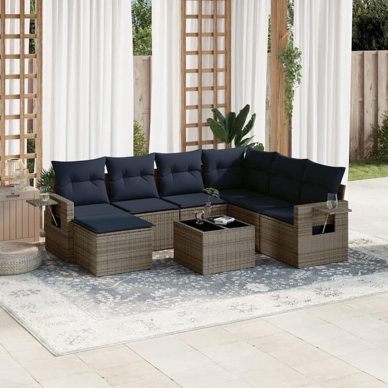 vidaXL Patio Sofa Set with Cushions Outdoor Conversation Furniture Poly Rattan - 24.4 x 24.4 x 27.2 - Grey and Blue-With table