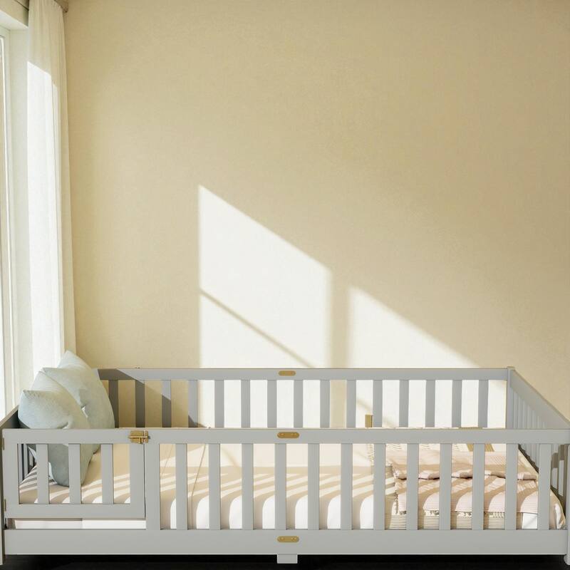 Full Size Rubber Wood Floor Bed with Fence and Door, Montessori Platform Bed with Safety Guardrails for Kids