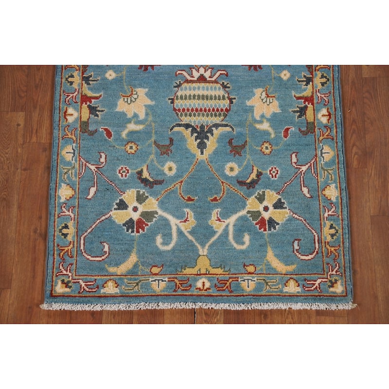 Light Blue Oushak Runner Rug Handmade Transitional Wool Carpet - 2'9" x 9'9"