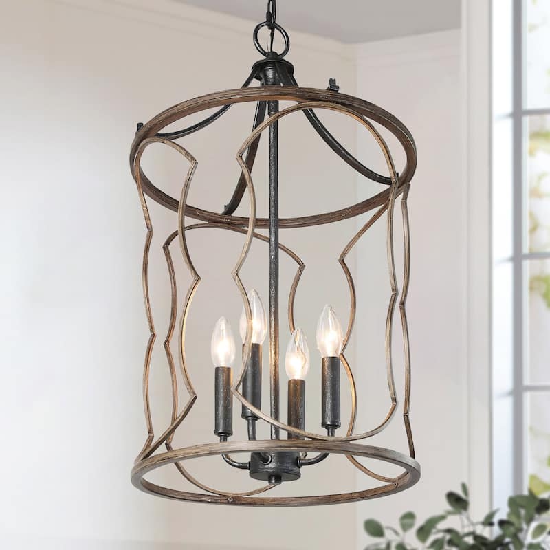 Modern Farmhouse 4-Light Cylinder Wood Grain Chandelier for Kitchen Island