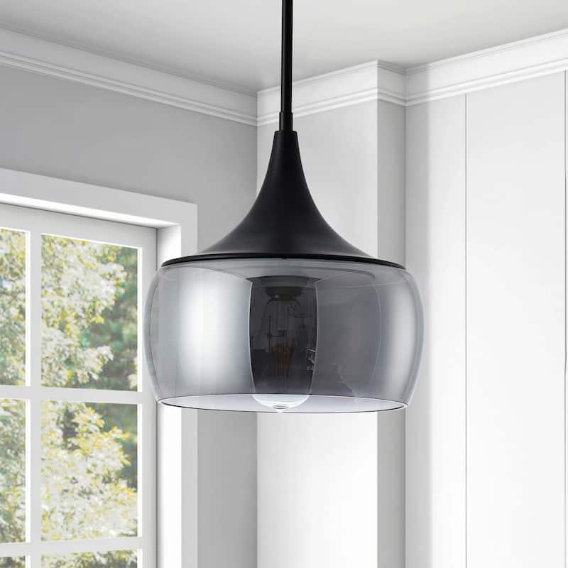 Matte Black 1-Light Dome Pendant Light with Smoke Grey Glass Shade