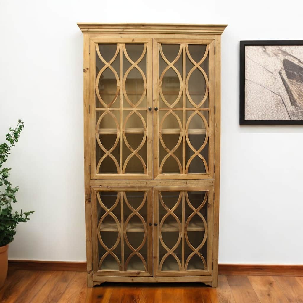 HomeRoots 47" Natural Solid Wood Carved Geometric Accent Cabinet With Four Doors