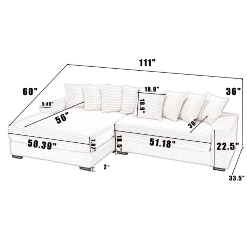 Oversized Corduroy Corner Sofa, L-Shaped Sectional with Left Chaise Daybed and 8 Pillows, Plush Armrests, Easy to Assemble