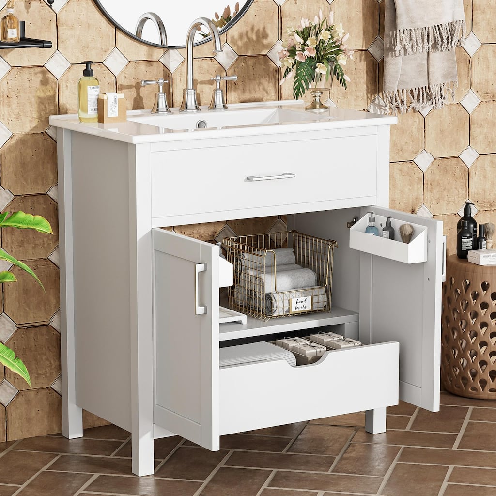 30-Inch White Bathroom Vanity with Ceramic Sink, Soft-Close Doors, and Ample Storage for Small Bathrooms