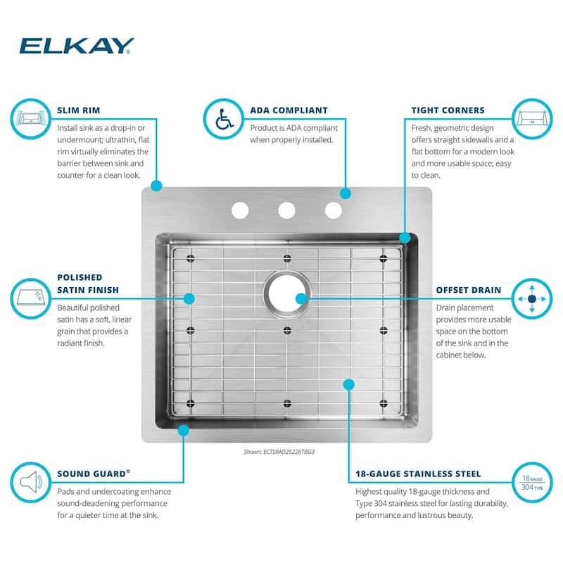 Elkay Crosstown Stainless Steel 25" x 22" x 6", Single Bowl Dual Mount ADA Sink Kit