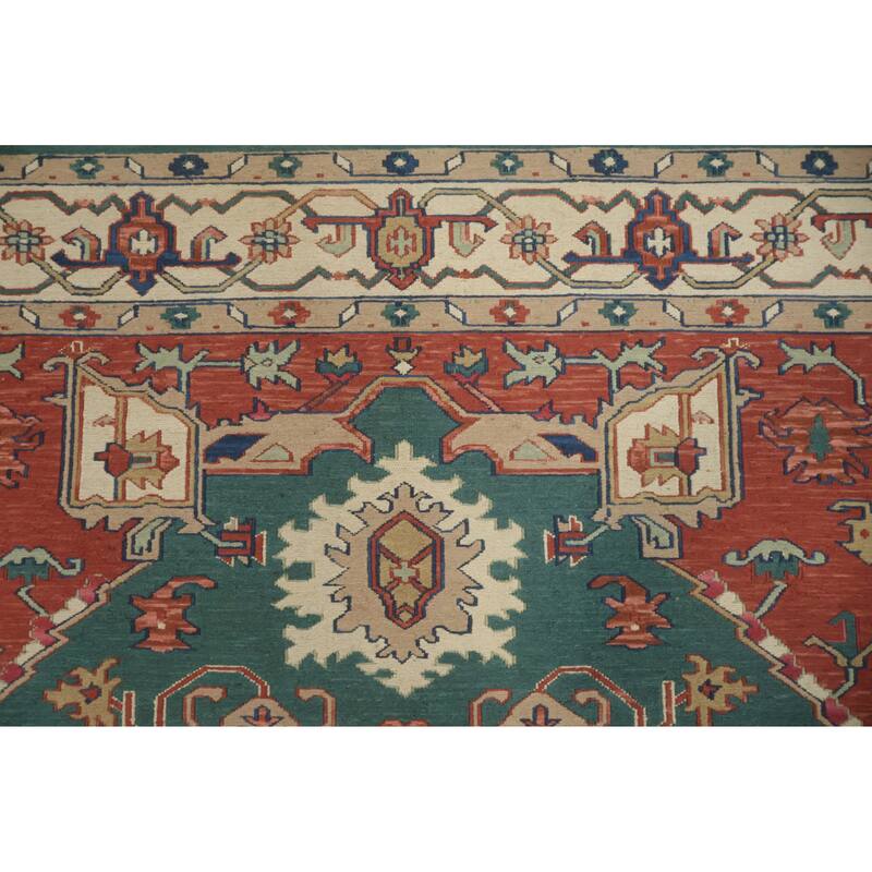 Hand Knotted Oriental 100% Wool Carpet Traditional Geometric Green Heriz (serapi) Area Rug - 8' 9'' X 5' 9''