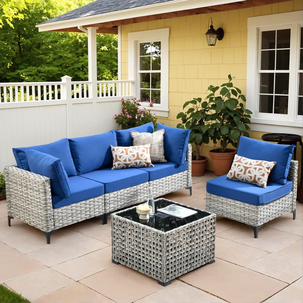 OVIOS 5 Pieces Outdoor Wicker Furniture Set With Solar-Powered Coffee Table