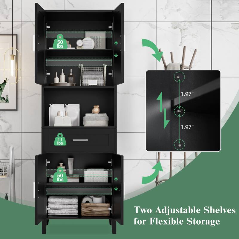 Modern Tall Bathroom Cabinet with Adjustable Shelves, Soft Close Doors, Drawer, Open Storage, 70.9" Freestanding