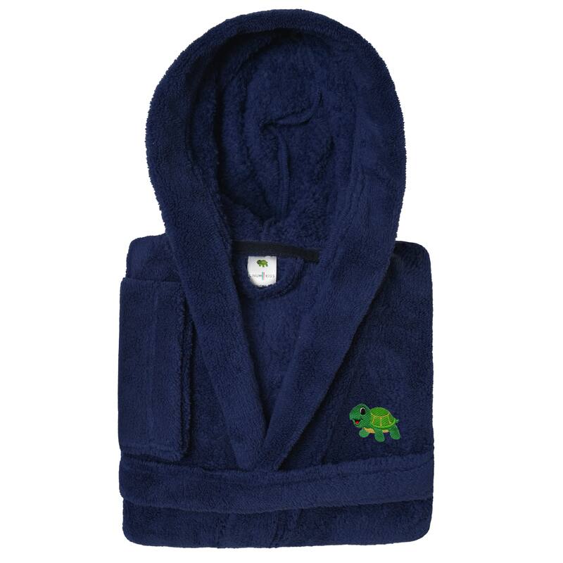 Sweet Kids 100% Polyester SUPER PLUSH Double Brushed Hooded Bathrobe - TURTLE - L - Navy