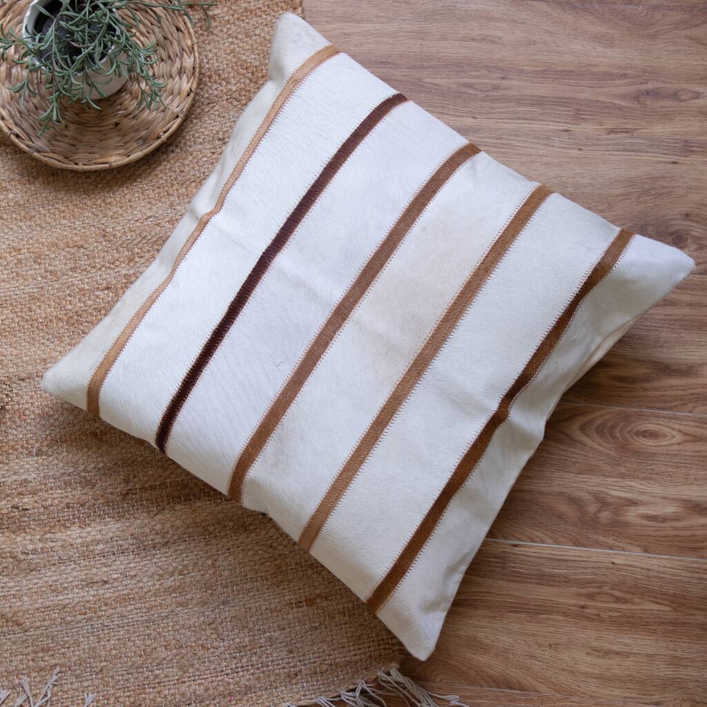 Vertical Striped Faux Leather Square Throw Pillow - 18" - White and Brown