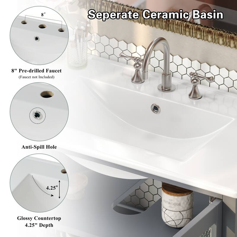 36" Bathroom Vanity with Ceramic Sink, Adjustable Shelf and Open Shelf with Wood Legs, Metal Knobs and Soft Close Hinges Design