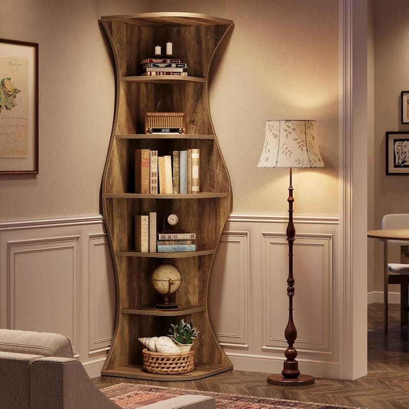 73.2 Inches Brown Engineered Wood Corner Bookcase, 6-Tier Tall Bookshelf for Small Space