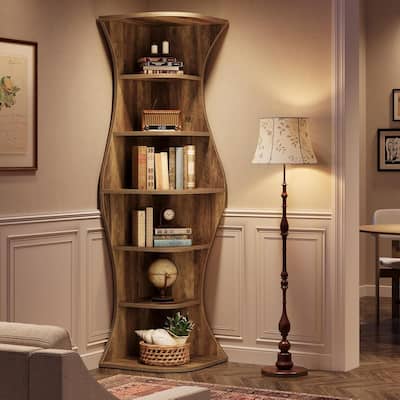 73.2 Inches Brown Engineered Wood Corner Bookcase, 6-Tier Tall Bookshelf for Small Space
