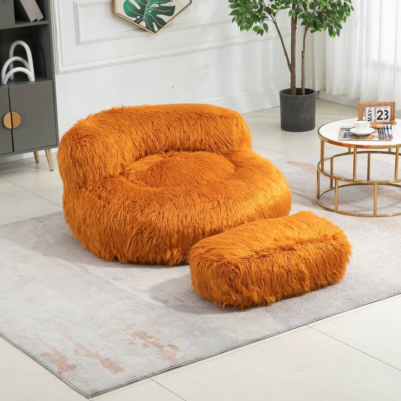 Plush Upholstered Round Comfort Lounger Bean Bag Chair with Ottoman