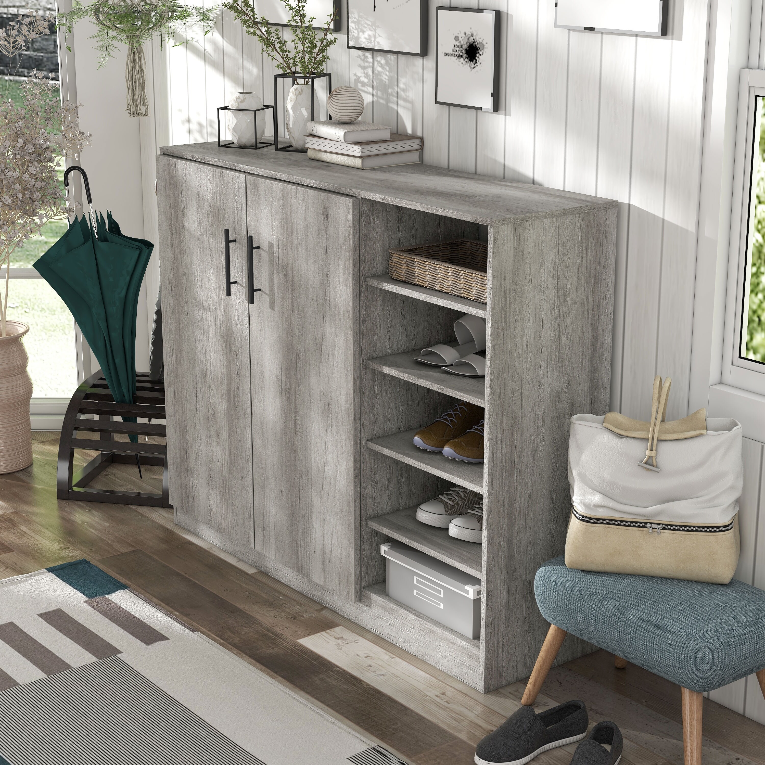 DH BASIC Farmhouse Vintage Grey Oak 10 Shelf Shoe Cabinet by Denhour
