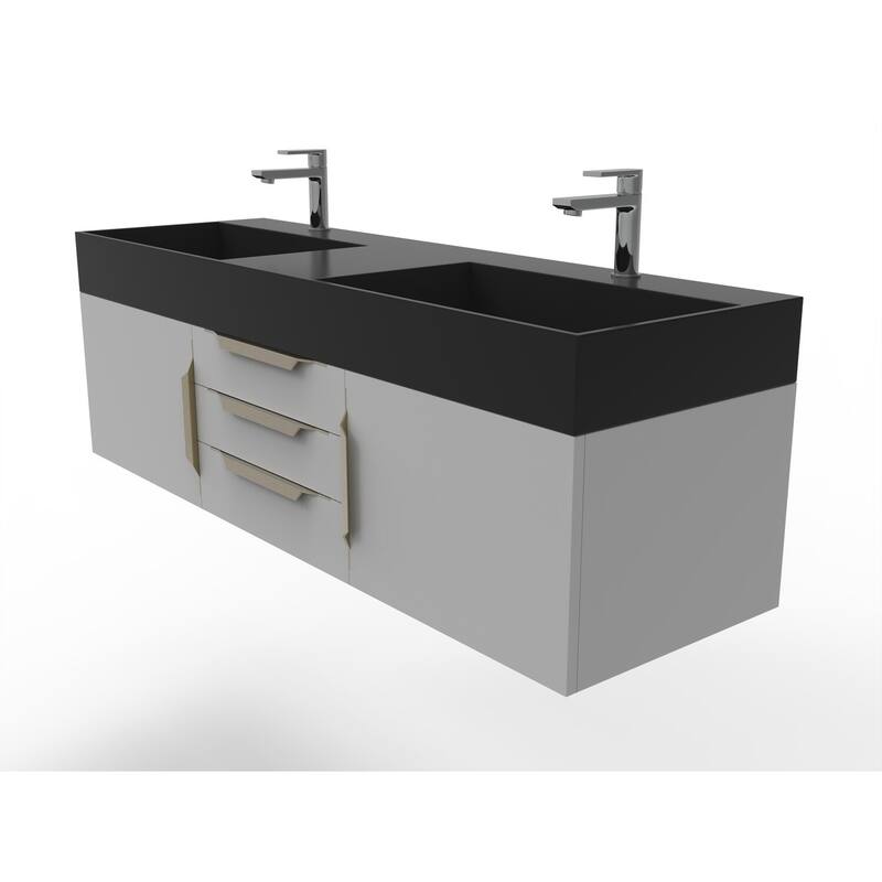 Amazon 60" Wall Mounted Bathroom Vanity Set w/ Black Top