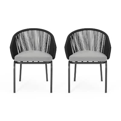 Candy Outdoor Dining Chair Set of 2, Gray Fabric, Black Metal, Woven Rope