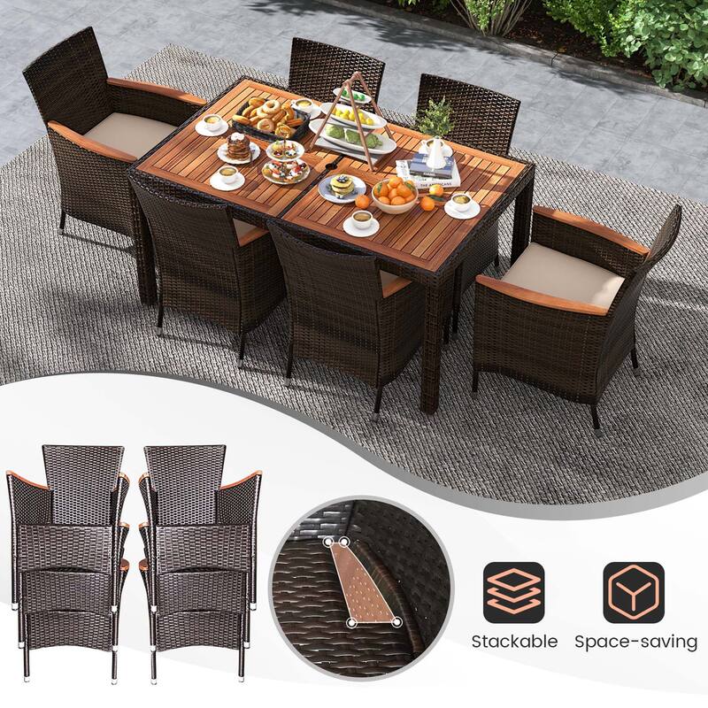 7 PCS Outdoor Wicker Dining Set Patio Wood Table and Chairs Set