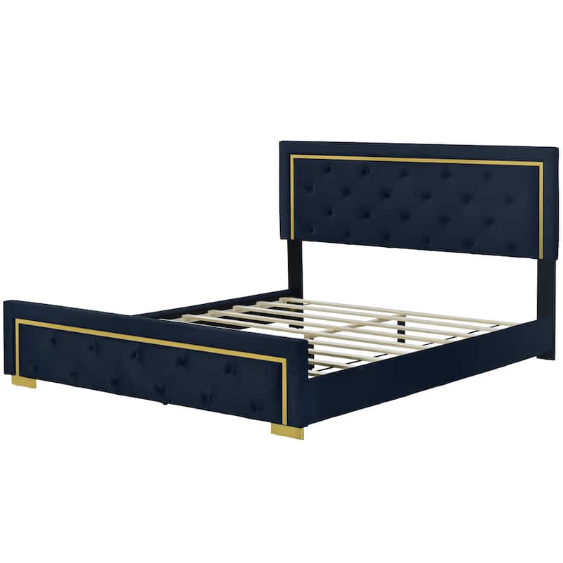 Velvet Upholstered Platform Bed With Pull Point Headboard And Metal Wire Frame