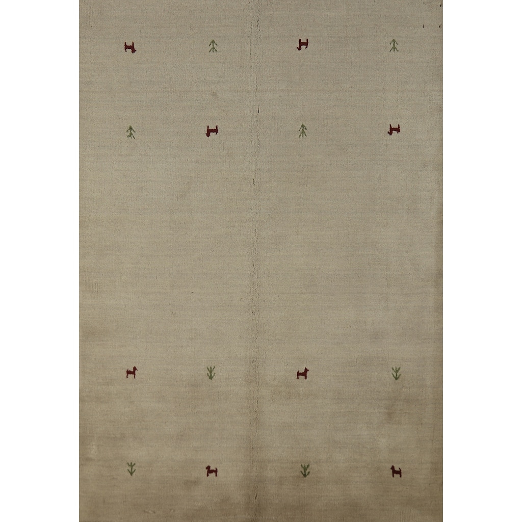 Hand Knotted Oriental 100% Wool Carpet Tribal Animal Pictorial Beige & Ivories Gabbeh Area Rug - 6' 4'' X 4' 7''