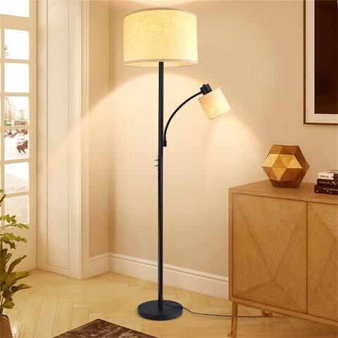 Black LED Standing Floor Lamp with Adjustable Side Lights Drum Shade