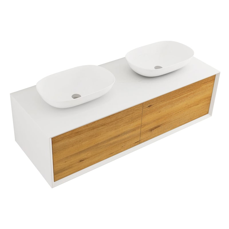 Wall Mounted Bathroom Vanity Set with White Solid Surface Top and Vessel Sink