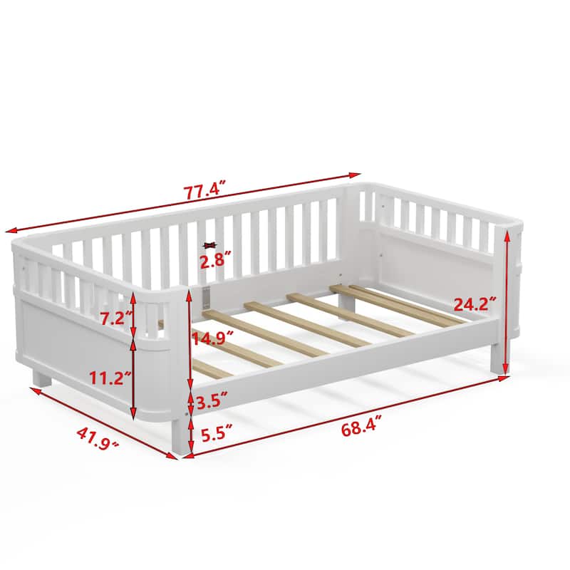 Twin Size Wood Platform Bed w/ Rails for Girls Boys - White