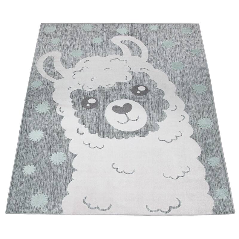 Animal Motif Kids Rug with Cute Llama Children Play Mat in Grey