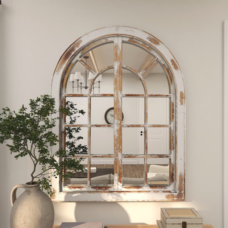 Gray Wood Window Pane Inspired Room Wall Mirror with Arched Top and Distressing