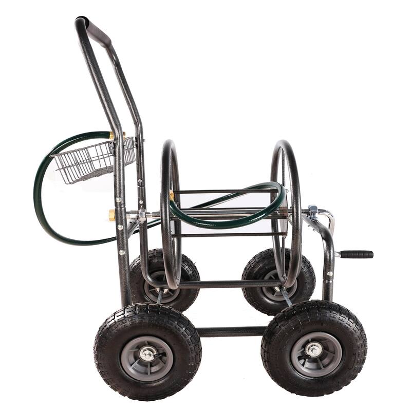 Hose Reel Cart with 4 Wheels, Foam-Padded Handle, Storage Basket, and Weather-Resistant Coating - ABS+Rubber+Steel (Q235)
